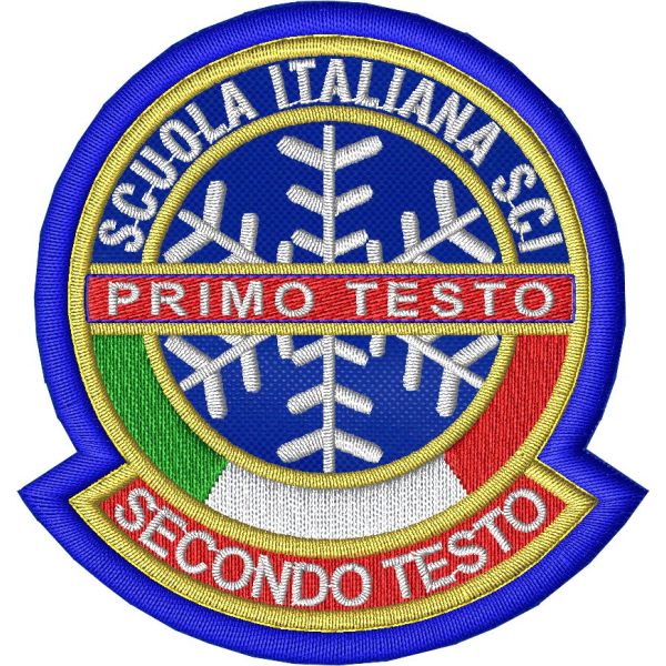 Patch ricamato per scuola sci , personalizzato con testo a piacere dimens .cm 7x7