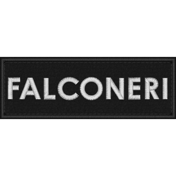 Patch ricamata su base nera scritta FALCONERI  cm.10,0 X 3,5 