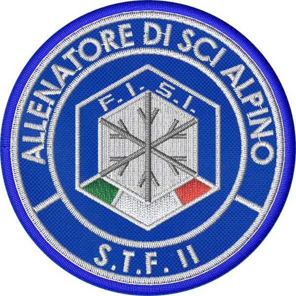 Patch ricamato su base blu e filo bianco Allenatore di SCi ALPINO S.T.F. II diam.70 mm. 