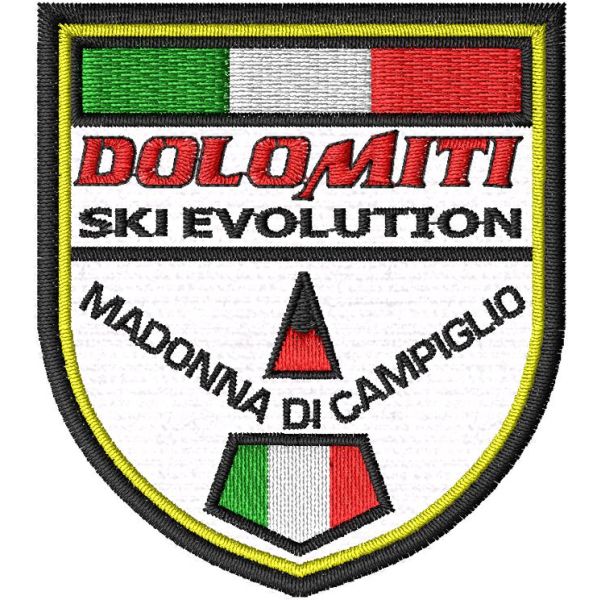 Patch ricamato su base bianca Campiglio dolomiti ski  evolution mm.56x63 Cod.20230128_B