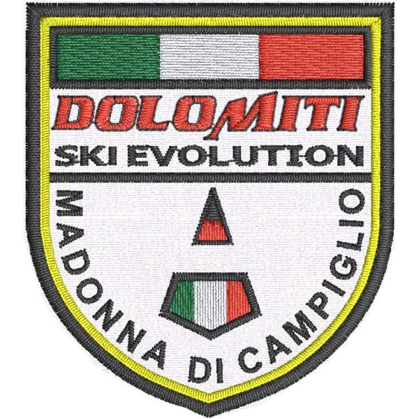 Patch ricamato su base bianca SKI EVOLUTION Madonna di Campiglio mm.56x63