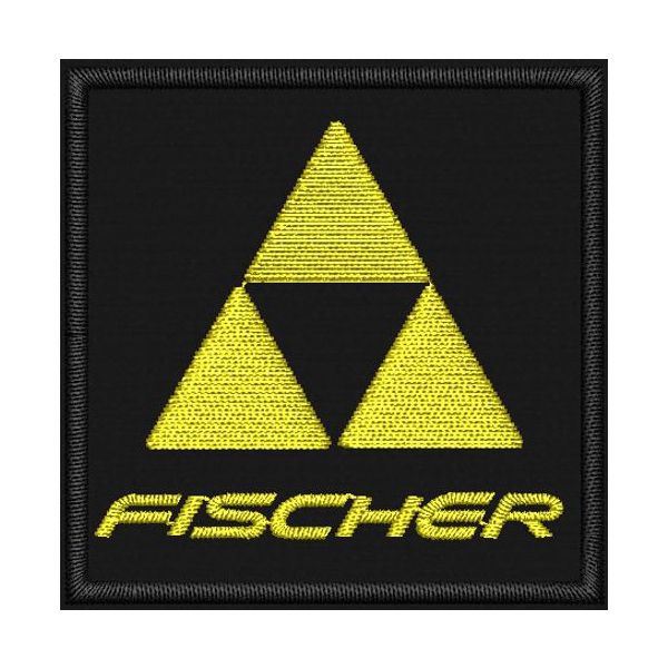 Patch Ricamato quadro FISCHE cm. 3 di base su fondo giallo 