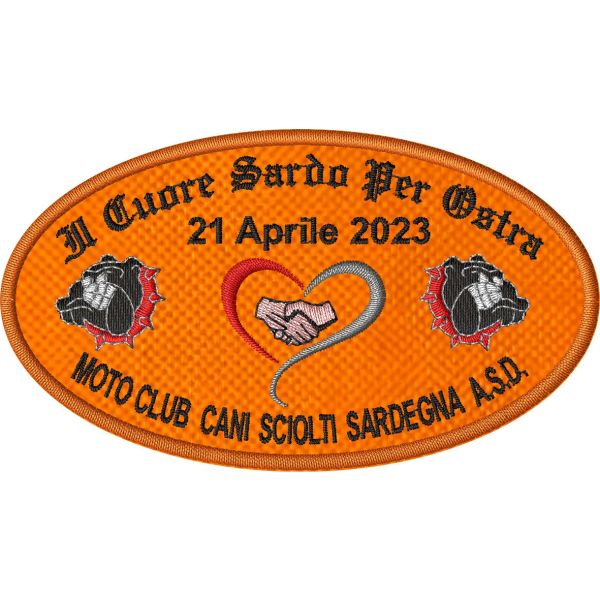 Patch ricamato Cani sciolti RUN citta di Ostra cm. 9 x 5,5  SU BASE ARANCIO