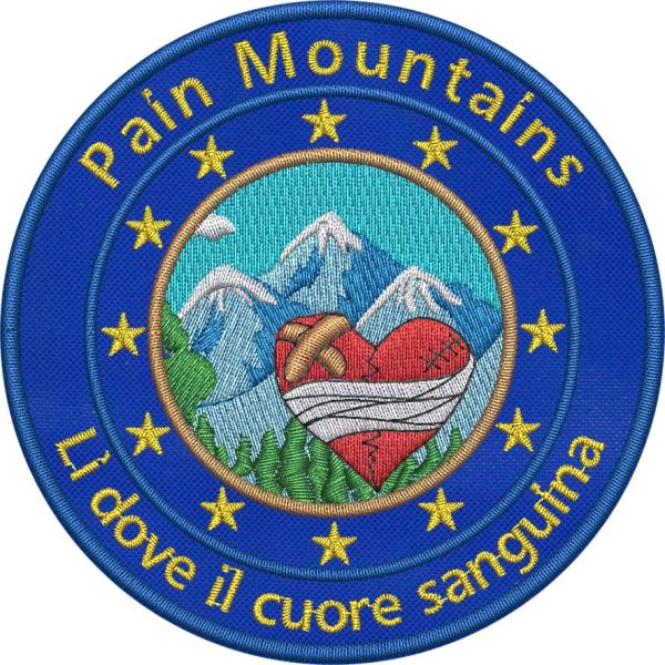 Patch ricamato Pain Mountains diam. cm.9 su base blu 