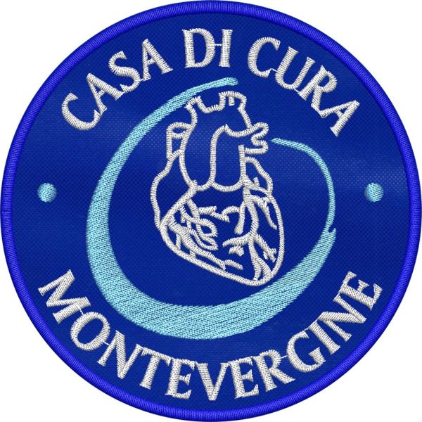 Patch ricamato Casa di Cura MONTEVERGINE diam. cm.9 su base blu 