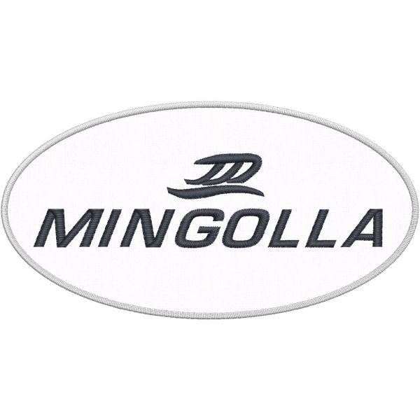 Patch ricamato ovale logo MINGOLLA su base bianca cm. 16 x 8,5