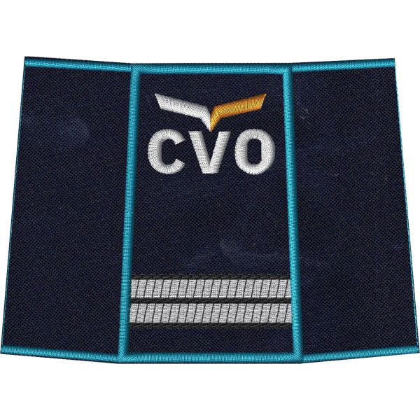Ambientazione stampata Tubolare ricamato "CVO" su base blu royal confezionato finito con dimens. 