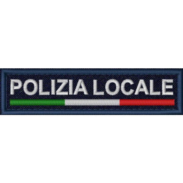 Patch con tricolore ricamato POLIZIA LOCALE , cordone blu su base tessuto blu Navy 
