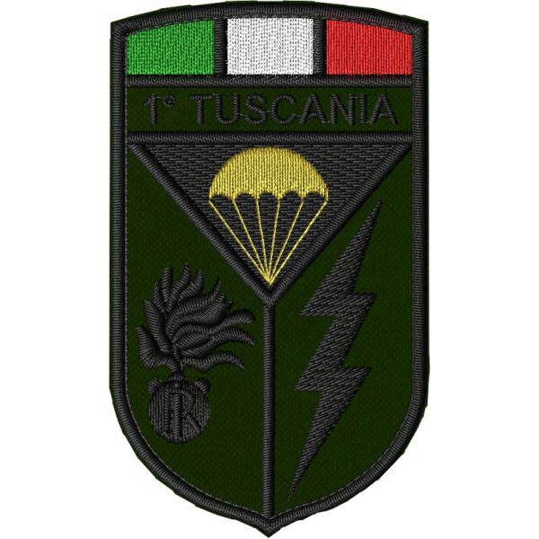 Patch ricamato 1º Reggimento carabinieri paracadutisti "Tuscania" cm. 5 x 8  su base tessuto verde militare 