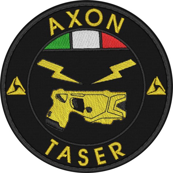 Patch ricamato AXON Taser ,diametro 80 mm. ricamato con tricolore su base tessuto NERO royal