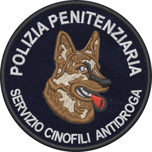 Riproduzione patch ricamata su base blu navy SERVIZI CINOFILI ANTIDROGA POLIZIA PENITENZIARIA diam.100 mm