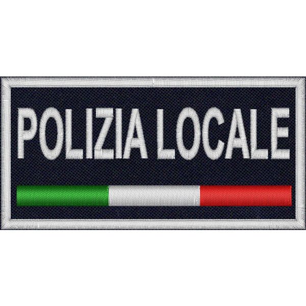 Patch con tricolore ricamato POLIZIA LOCALE , su base tessuto blu Navy cm. 10 x 5