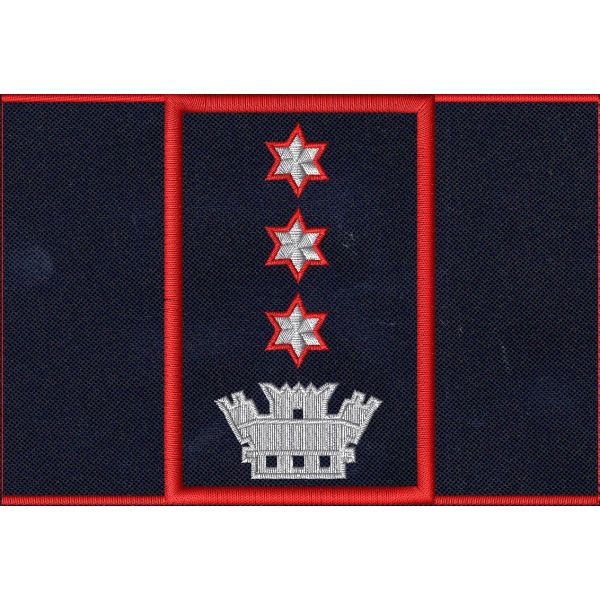 Tubolare ricamato comandante K POLICE con torre e 3 stella dorata a 6 punte bordo rosso confezionato con dimens. 90 X 60 mm