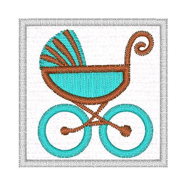Contrassegno ricamato con simbolo CARROZZINA AZZURA su base tessuto bianco - Mis. 40x40 mm. 