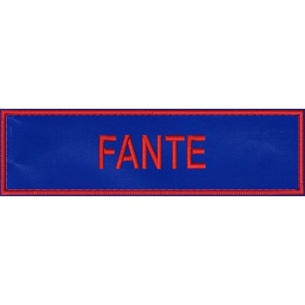 Patch ricamato filo rosso base BLU cm.13 X 3,5 con TESTO O NOME A PIACERE su 1