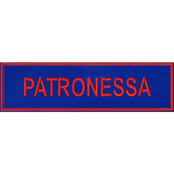 Patch ricamato filo rosso base BLU cm.13 X 3,5 con TESTO O NOME A PIACERE su 1