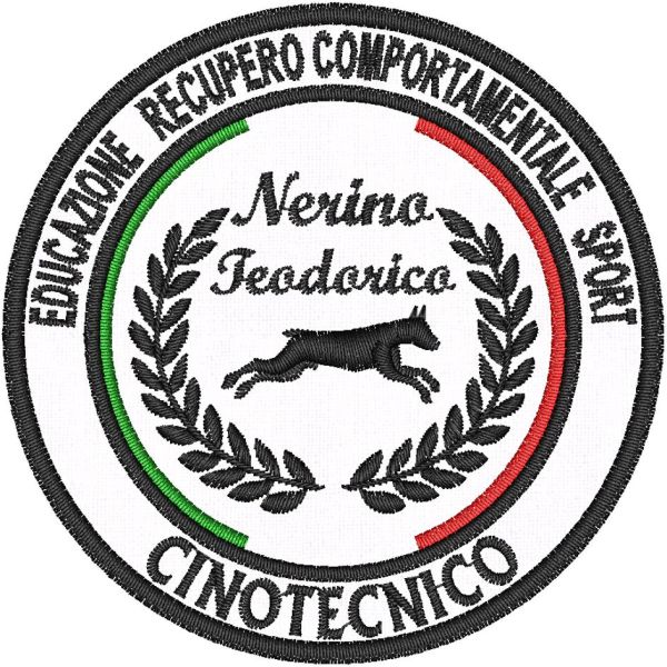 Patch ricamato Educazione cinofila CINOTECNICO diam. 80 mm. su base bianca 