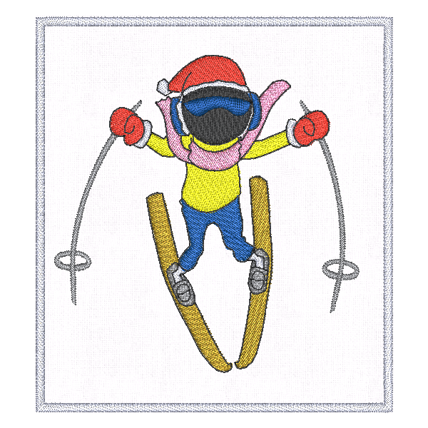 Patch ricamato cm. 9 x 8, caricatura sciatore in spazzaneve su base bianca 