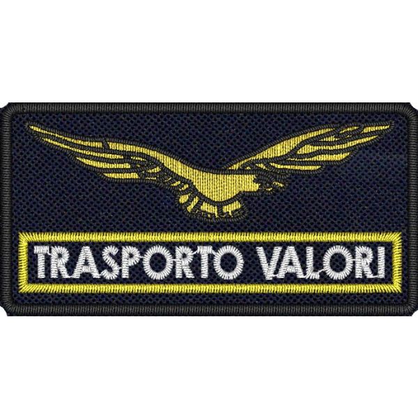 Patch ricamato mm70x35 tipo "TRASPORTO VALORI" o testo a piacere su base blu navy e aquila con filo metallico dorato 