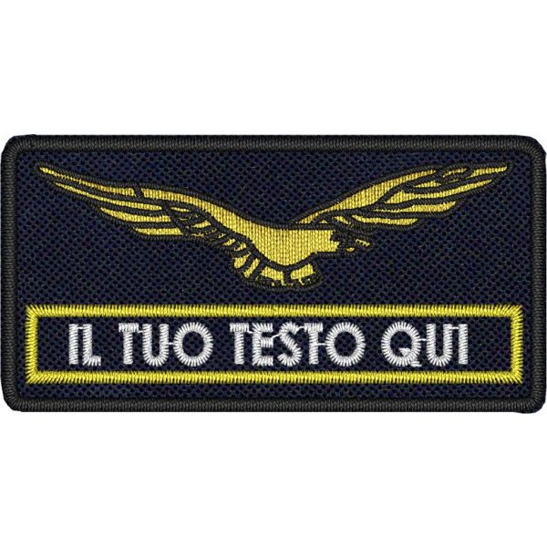 Patch ricamato mm70x35 tipo "TRASPORTO VALORI" o testo a piacere su base blu navy e aquila con filo metallico dorato 