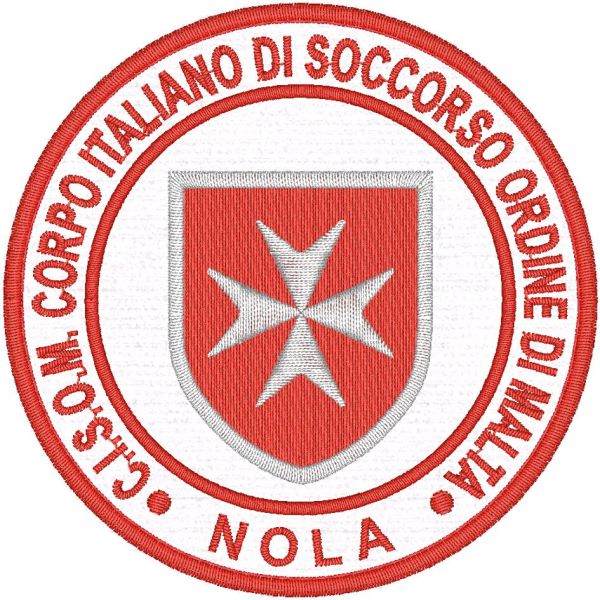 Patch  ricamato su base bianca C.I.S.O.M. ordine di malta personalizzato con il proprio comune diam. cm. 8 