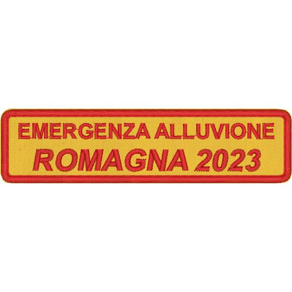 Patch ricamato protezione civile EMERGENZA ALLUVIONE ROMAGNA 2023 su base gialla cm.10 X 2,5