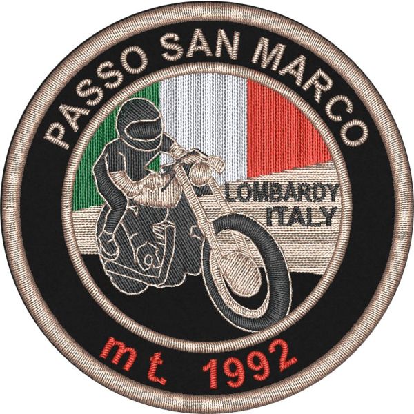 Patch ricamato PASSO SAN MARCO LOMBARDY ITALY mt.1992 diametro 70 mm. 