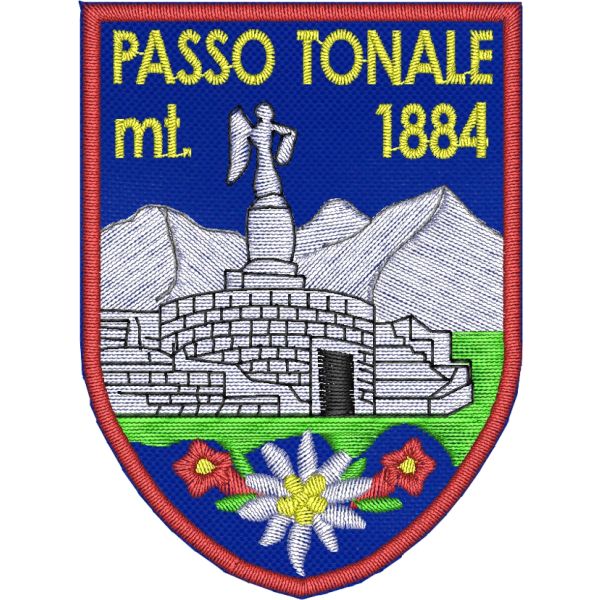 Scudetto ricamato cm.7 x 5 PASSO TONALE mt. 1884 su base blu royal