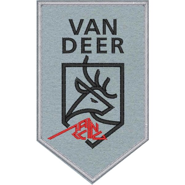Scudetto ricamato cm. 8,5 x 5 su base grigia logo VAN DEER RACING 