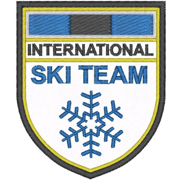 Stemma ricamato INTERNATIONAL SKI TEAM su base tessuto bianco 
