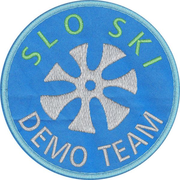 Patch Ricamato logo SLO SKI DEMO TEAM su base azzurra  diam. mm.80 