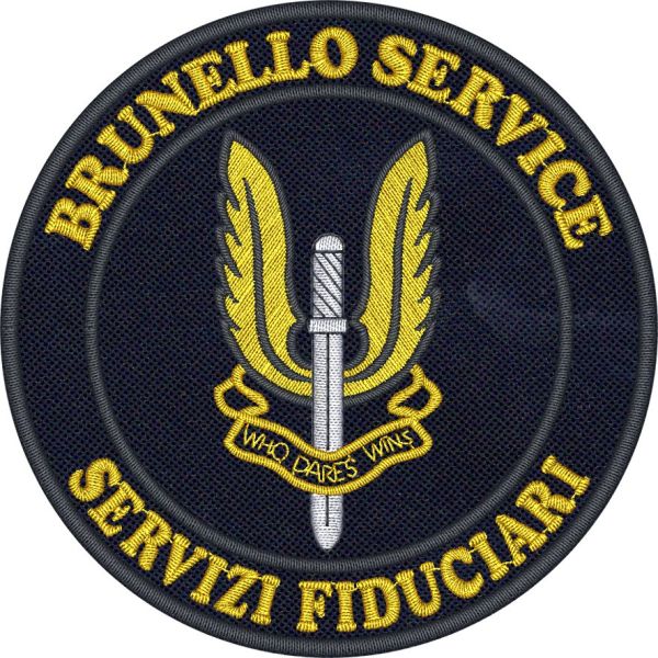 Patch Ricamata SERVIZI FIDUCIARI BRUNELLO SERVICE  su base blu navy diam mm.90 