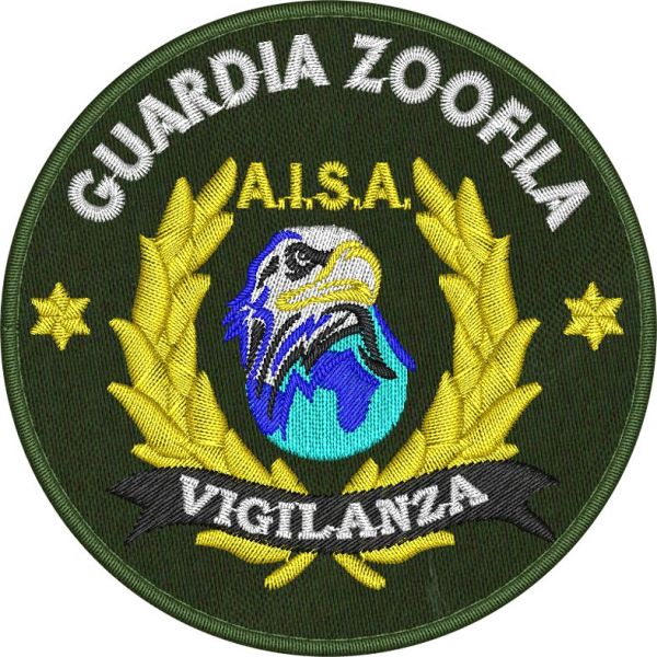 Patch Ricamata VIGILANZA GUARDIA ZOOFILA su base verde diametro mm.80 