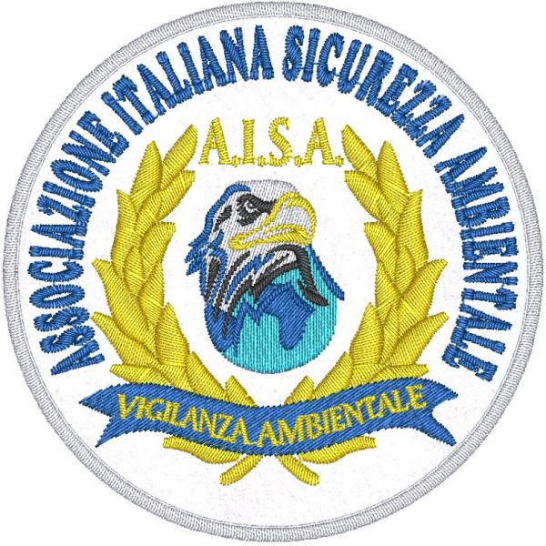 Patch Ricamata SICUREZZA VIGILANZA AMBIENTALE su base bianca diametro mm.80