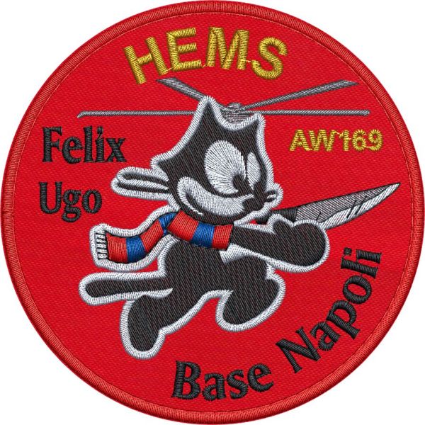Patch ricamato FELIX UGO CON PUGNALE Base Napoli diametro cm. 9 su base rossa 