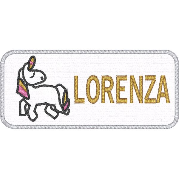 Patch ricamato personalizzato con nome cm. 9 x 4, cavallino su base bianca 