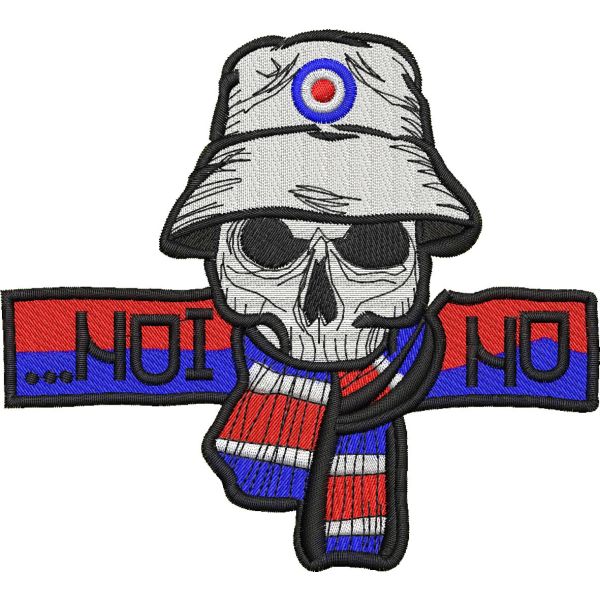 Patch ricamato teschio con cappello ..NOI NO tagliato su sagoma base cm.10 