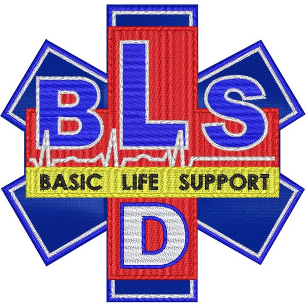Patch ricamato logo croce  BLS - D  Basic Life Support su base blu cm. 10 di base c