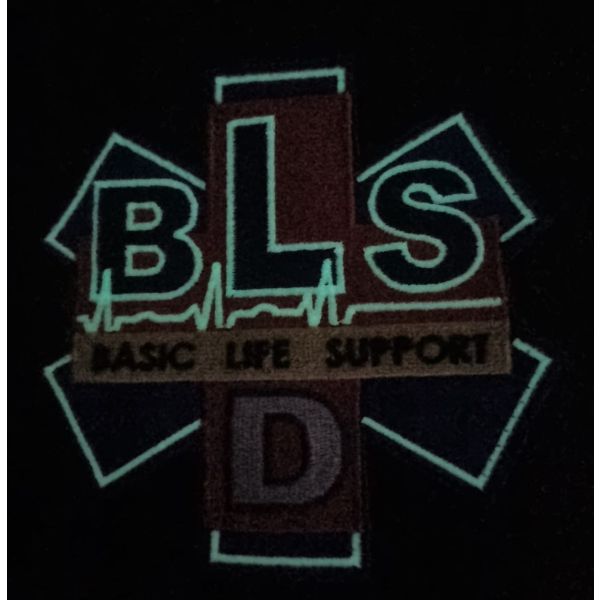 Patch ricamato logo croce  BLS - D  Basic Life Support su base blu cm. 10 di base c
