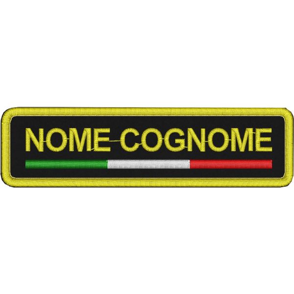 Etichetta nominativa ricamata con testo a piacere personalizzata su base nera cm. 11 x 3 