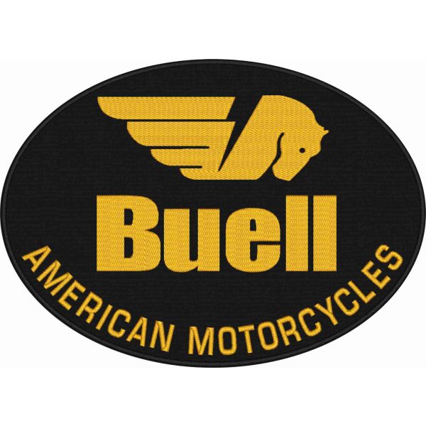 Patch da schiena ovale 26x19 cm. Logo quadro BUELL Motorcycle su base nera e filo dorato