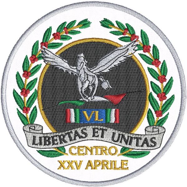 Patch Ricamato stemma ufficiale CENTRO XXV APRILE su base bianca diametro  80 mm.