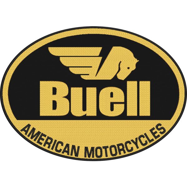 Patch da schiena ovale 26x19 cm. Logo quadro BUELL Motorcycle su base nera e giallo dorato C