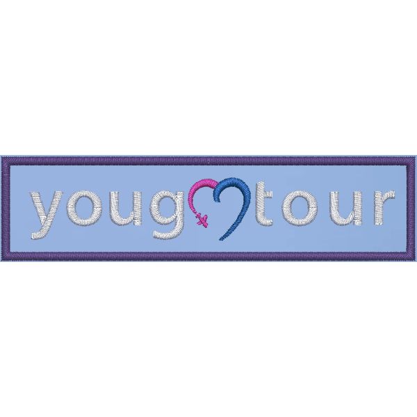 Patch ricamato lofo  youg tour su base azzurra cm. 10 x 2.5 