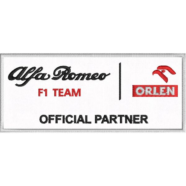 Patch rettangolare su base bianca ricamato ALFA ROMEO ORLEN f1 Team cm. 12x5