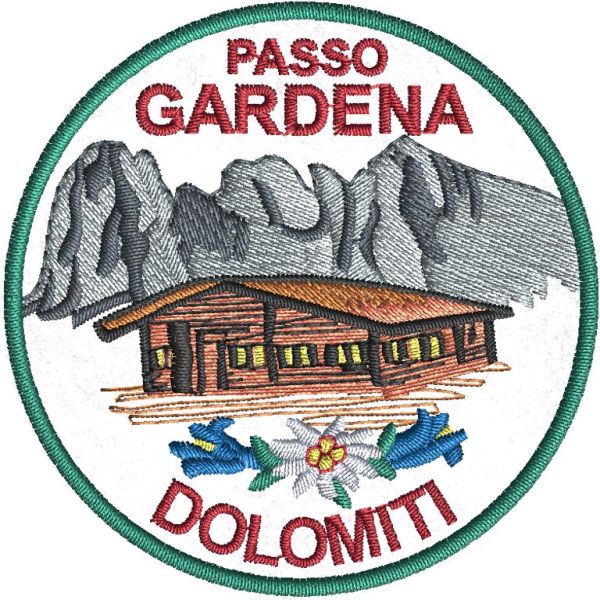 Patch ricamato RIFUGIO DOLOMITI PASSO GARDENA diametro 65 mm