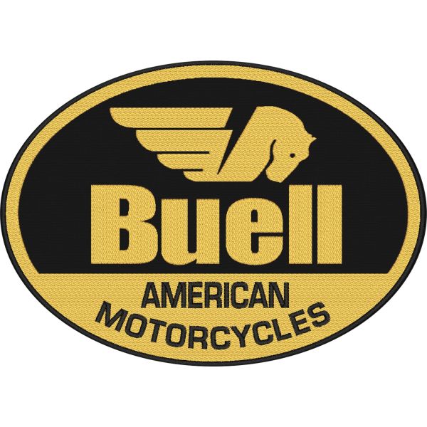 Patch da schiena ovale 26x19 cm. Logo quadro BUELL Motorcycle su base nera e giallo dorato C