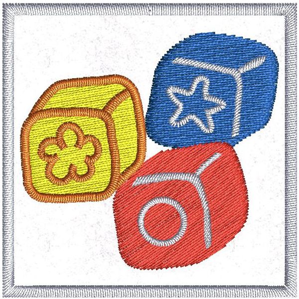 Contrasegno ricamato con 3 dadi colorati su base tessuto bianco