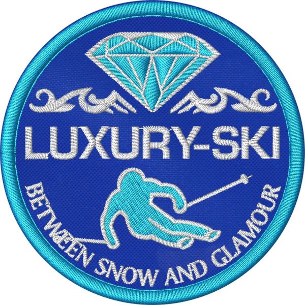 Patch ricamato Diamante LUXURY-SKI con sciatore su base blu royal diam. cm.8 