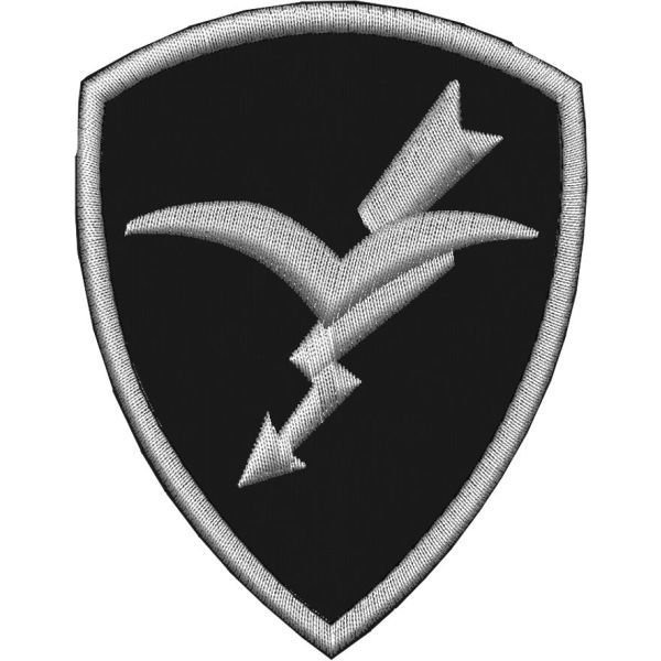Scudetto folgore ricamato su tessuto NERO e BORDO ARGENTO misura cm. 9 x 7